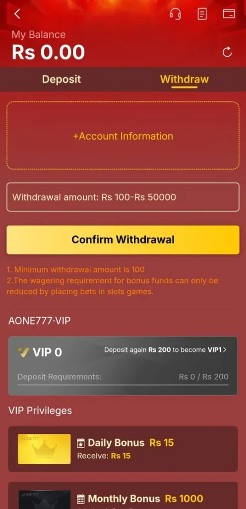 AONE777 Game Withdrawal